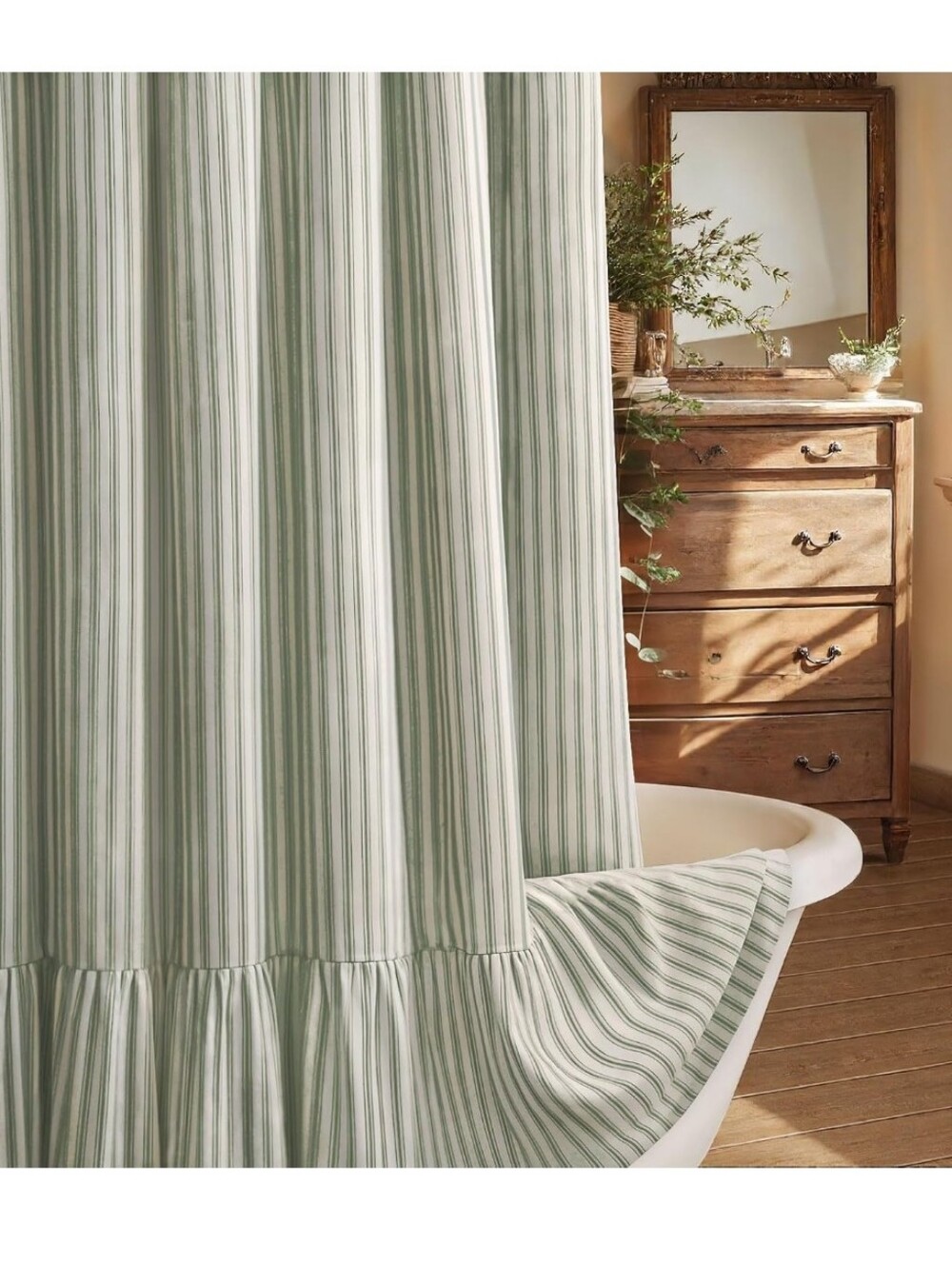 Source Unknown Green and White Striped Shower Curtain